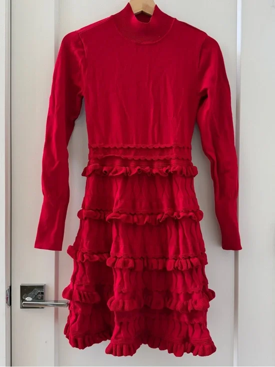 MUSE BY MARCHESA Calla Knitted Lycra Mock Neck Layered Tiered Ruffle Dress XS - Picture 3 of 10